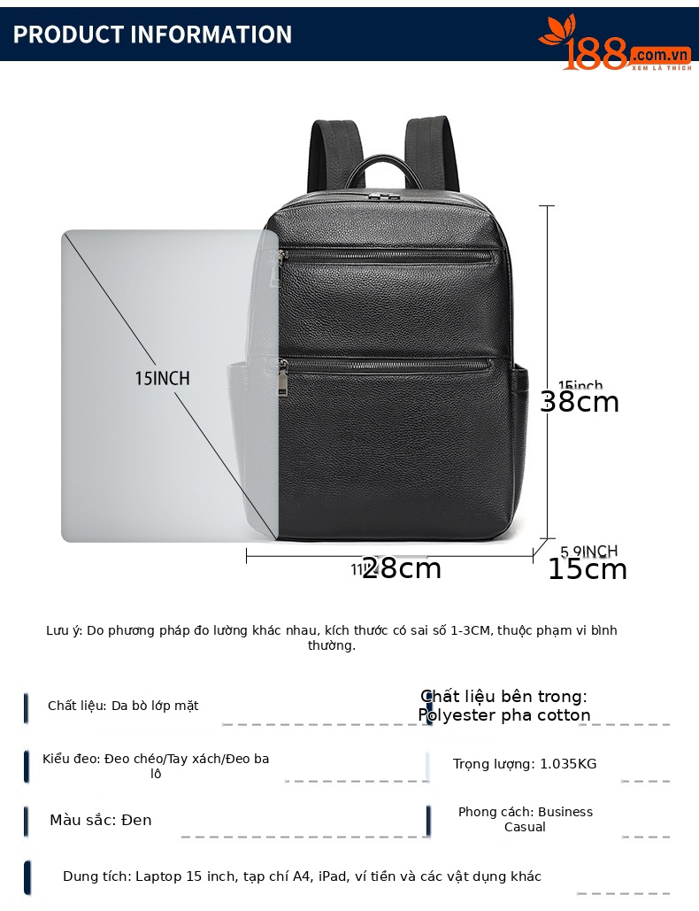 Ba lô nam công sở da bò cao cấp, đựng laptop 15 inch, dung tích lớn — 2348 Màu đen, 2349 màu đen, 2350 màu đen, 2351 Màu đen chi tiết 2