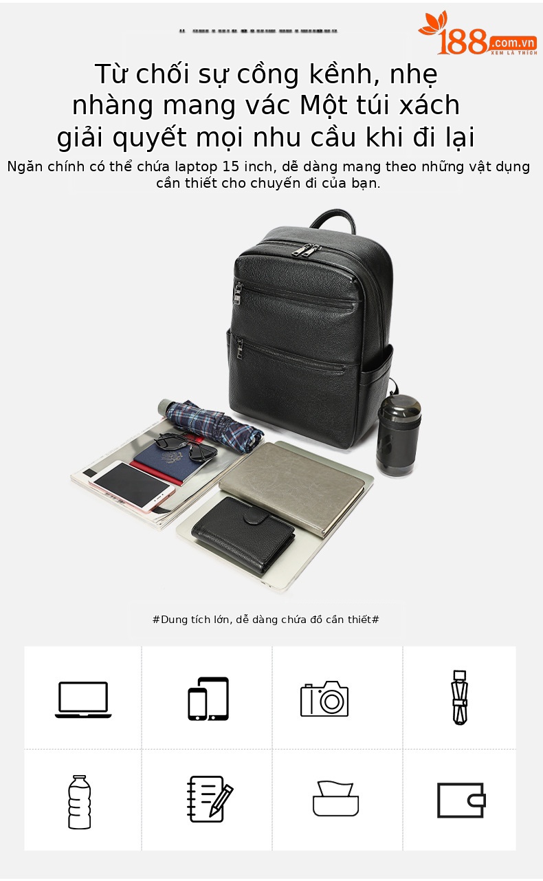 Ba lô nam công sở da bò cao cấp, đựng laptop 15 inch, dung tích lớn — 2348 Màu đen, 2349 màu đen, 2350 màu đen, 2351 Màu đen chi tiết 6