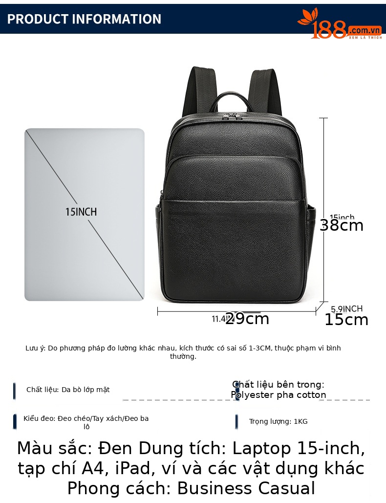 Ba lô nam công sở da bò cao cấp, đựng laptop 15 inch, dung tích lớn — 2348 Màu đen, 2349 màu đen, 2350 màu đen, 2351 Màu đen chi tiết 18