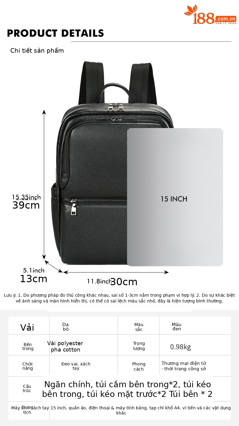 Ba lô nam công sở da bò cao cấp, đựng laptop 15 inch, dung tích lớn — 2348 Màu đen, 2349 màu đen, 2350 màu đen, 2351 Màu đen chi tiết 35