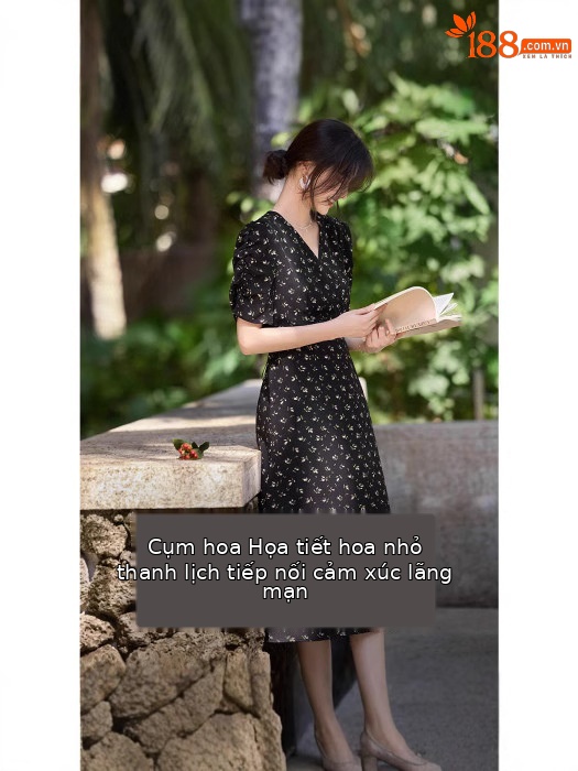 Đầm maxi nữ cổ V thắt eo họa tiết hoa nhí kiểu Pháp — đen