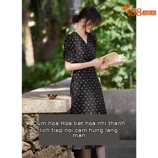 Đầm maxi nữ cổ V thắt eo họa tiết hoa nhí kiểu Pháp — đen chi tiết 1