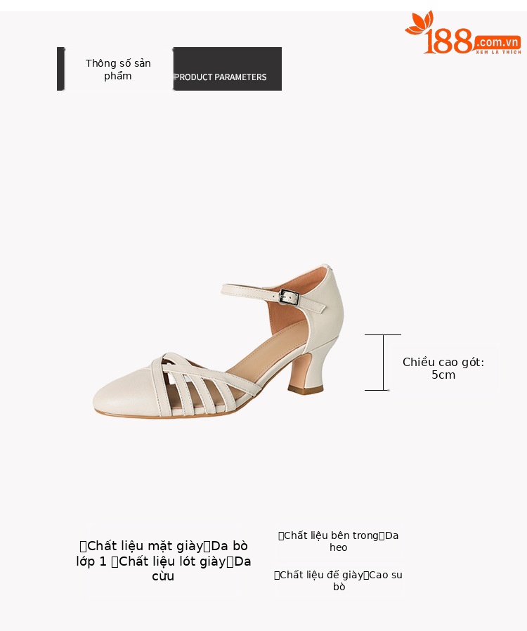 Sandal nữ quai hậu mũi nhọn retro da bò gót 5 cm kiểu La Mã — Màu trắng nhạt chi tiết 3