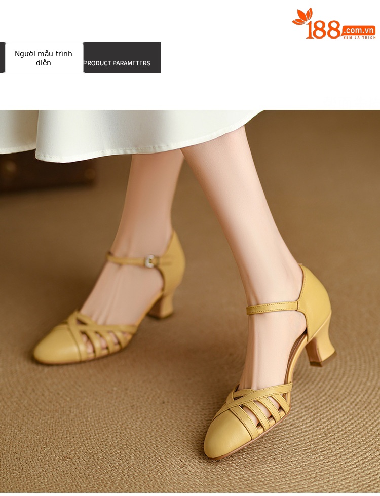 Sandal nữ quai hậu mũi nhọn retro da bò gót 5 cm kiểu La Mã — Màu trắng nhạt chi tiết 11