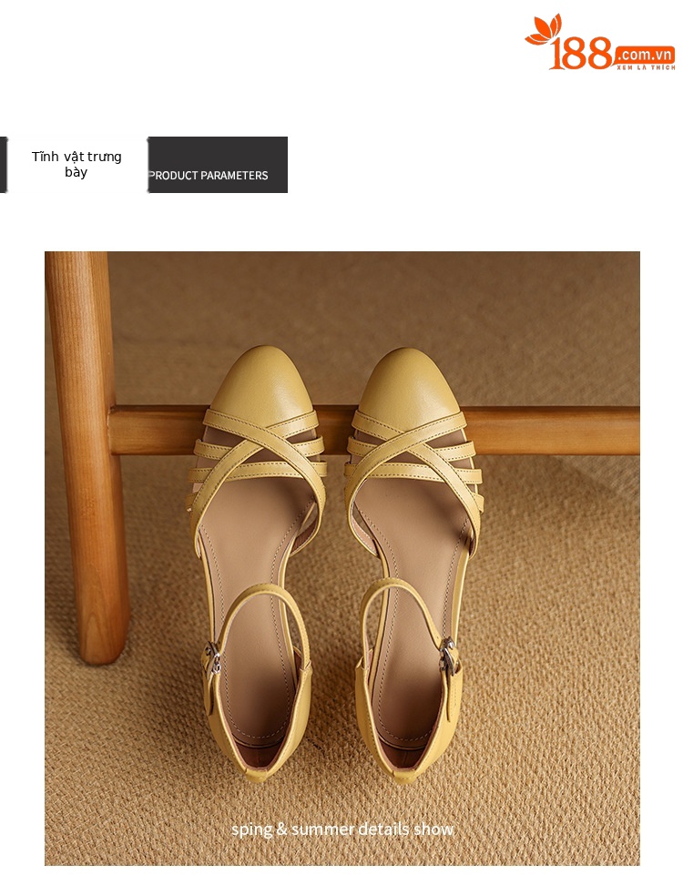 Sandal nữ quai hậu mũi nhọn retro da bò gót 5 cm kiểu La Mã — Màu trắng nhạt chi tiết 18