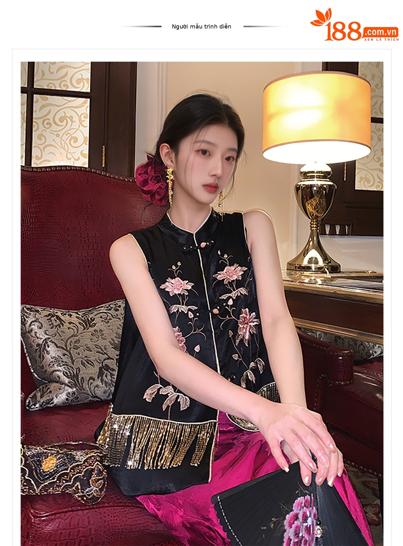 Áo vest nữ thêu hoa văn quốc gia mùa hè, chất acetate dáng rộng cao cấp — Áo khoác màu đen, Gi lê màu đen chi tiết 1