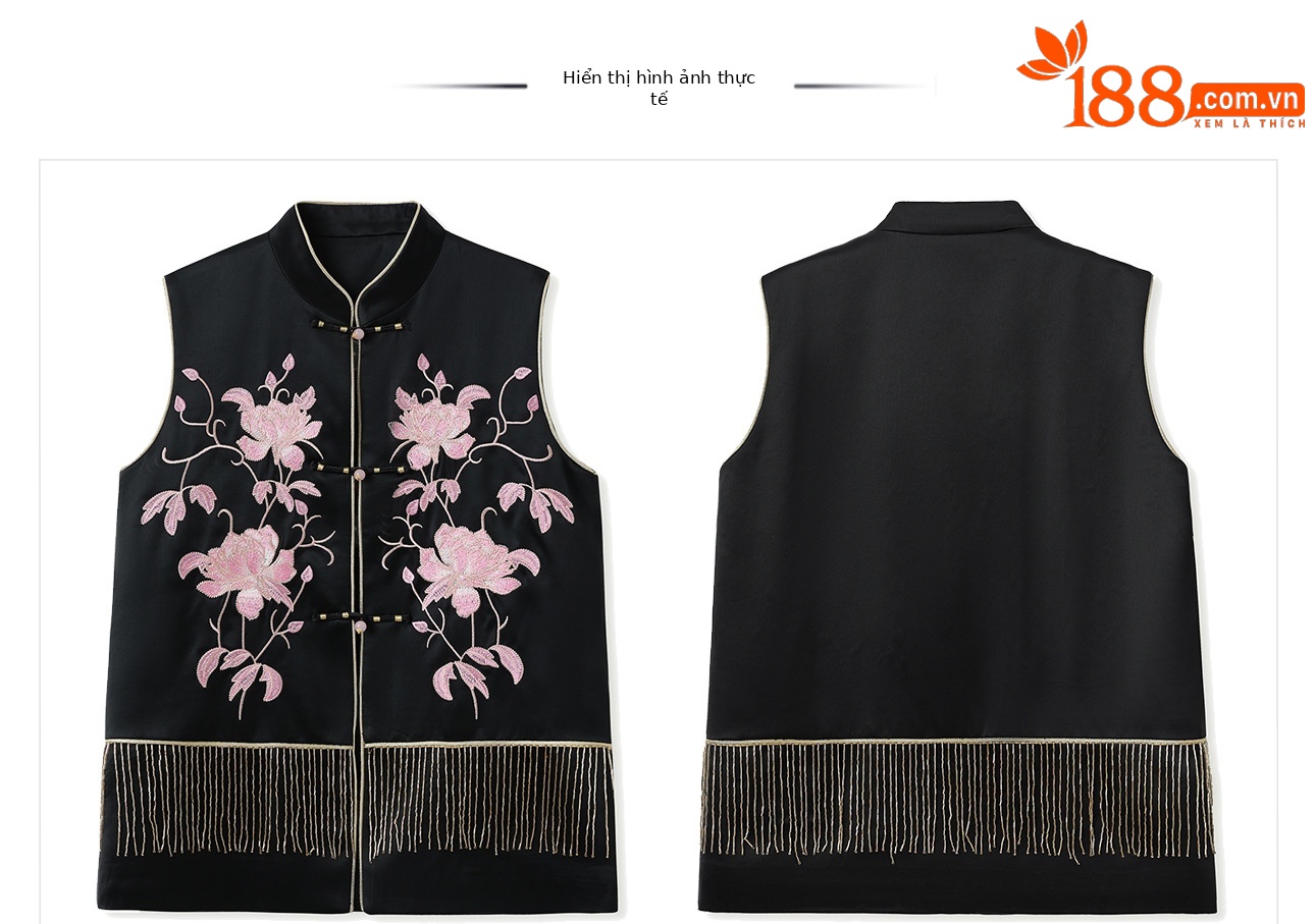 Áo vest nữ thêu hoa văn quốc gia mùa hè, chất acetate dáng rộng cao cấp — Áo khoác màu đen, Gi lê màu đen chi tiết 4