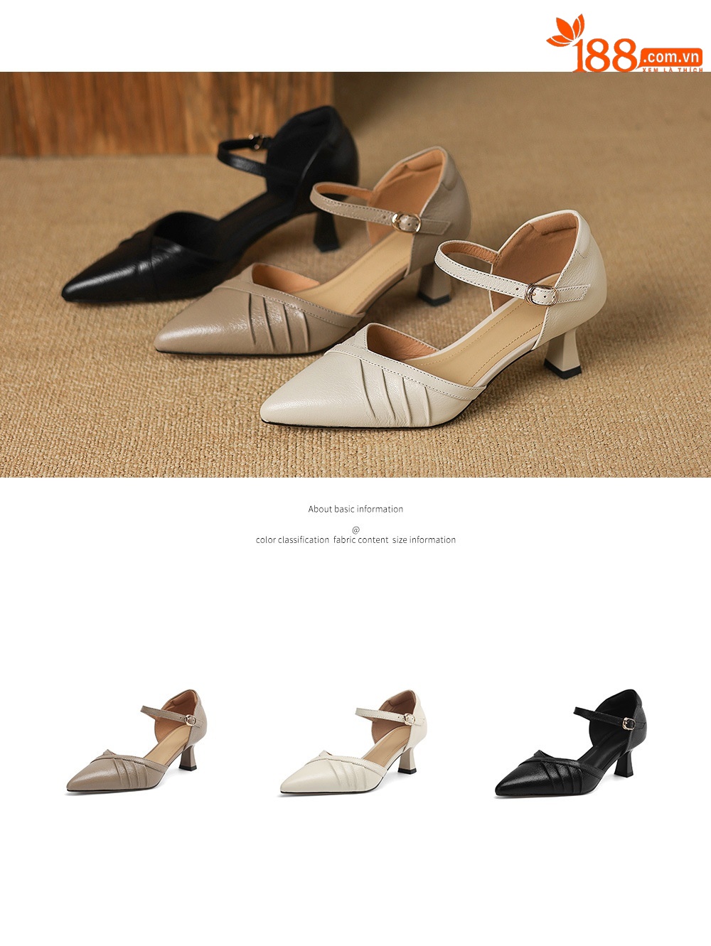 Giày sandal cao gót nữ quai ngang mũi nhọn da cừu gót 5,5 cm — đen chi tiết 5