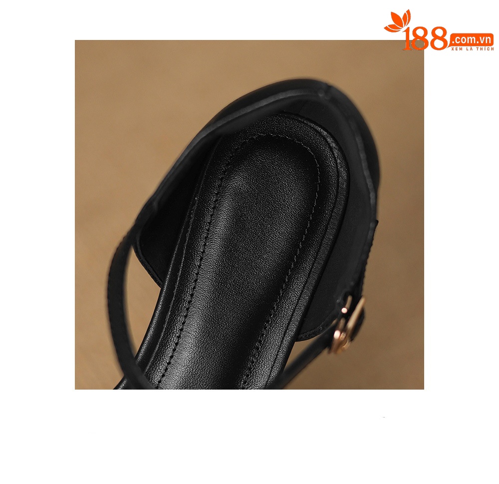 Giày sandal cao gót nữ quai ngang mũi nhọn da cừu gót 5,5 cm — đen chi tiết 25