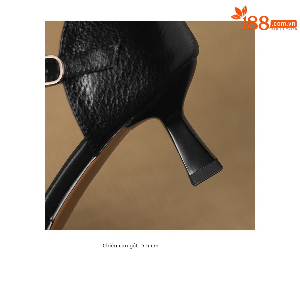 Giày sandal cao gót nữ quai ngang mũi nhọn da cừu gót 5,5 cm — đen chi tiết 26