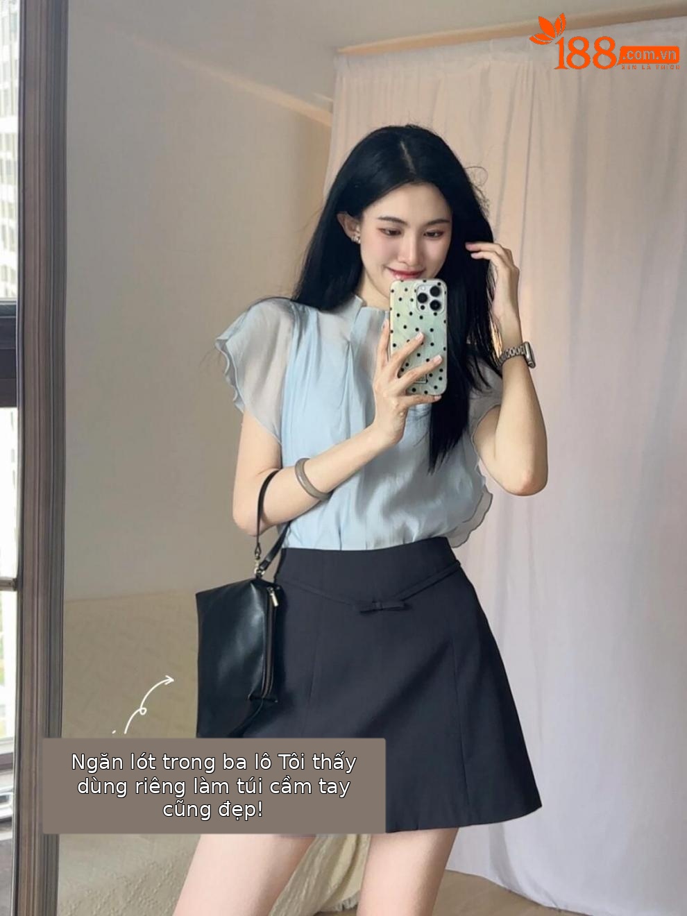 Áo voan nữ tay bay xếp diềm cổ điển Pháp — Váy ngắn nơ đen chi tiết 5