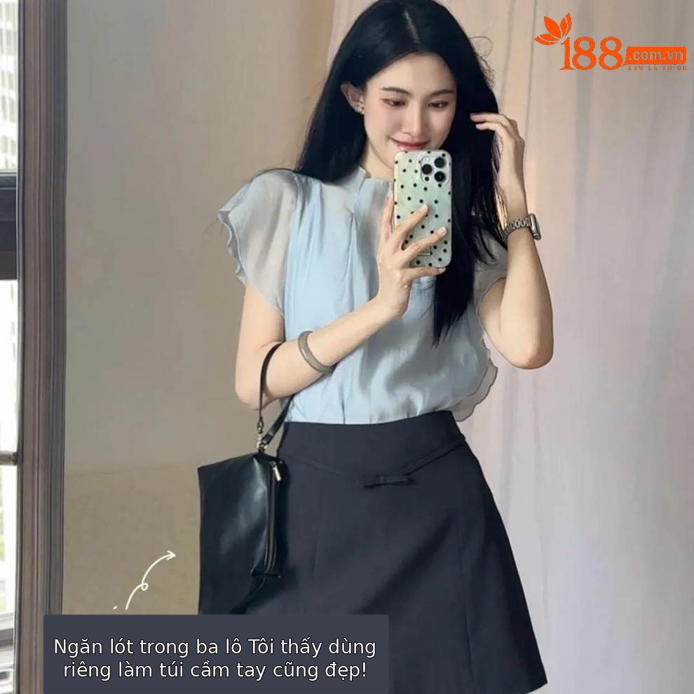 Áo voan nữ tay bay xếp diềm cổ điển Pháp — Váy ngắn nơ đen chi tiết 6