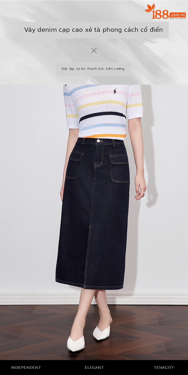 Chân váy denim cạp cao phong cách Hồng Kông cổ điển, dáng ôm xẻ tà dài giữa — Màu xanh đậm chi tiết 1