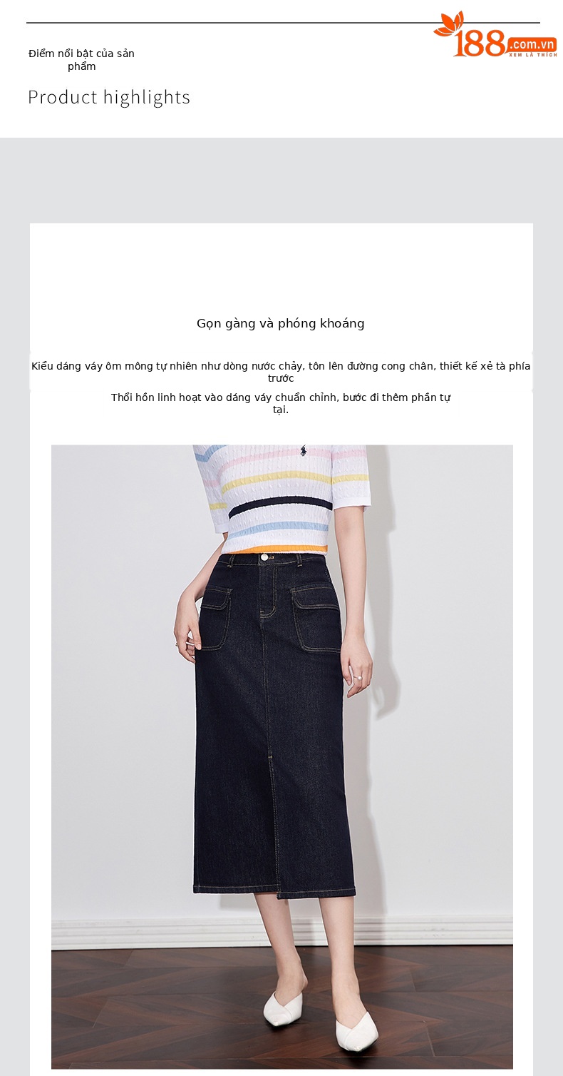 Chân váy denim cạp cao phong cách Hồng Kông cổ điển, dáng ôm xẻ tà dài giữa — Màu xanh đậm chi tiết 4