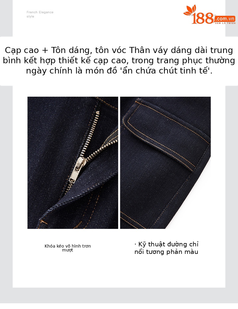 Chân váy denim cạp cao phong cách Hồng Kông cổ điển, dáng ôm xẻ tà dài giữa — Màu xanh đậm chi tiết 5