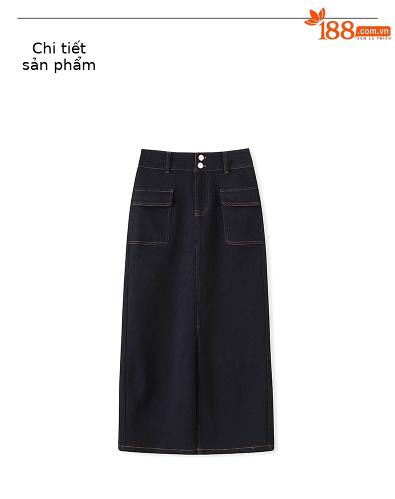 Chân váy denim cạp cao phong cách Hồng Kông cổ điển, dáng ôm xẻ tà dài giữa — Màu xanh đậm chi tiết 10