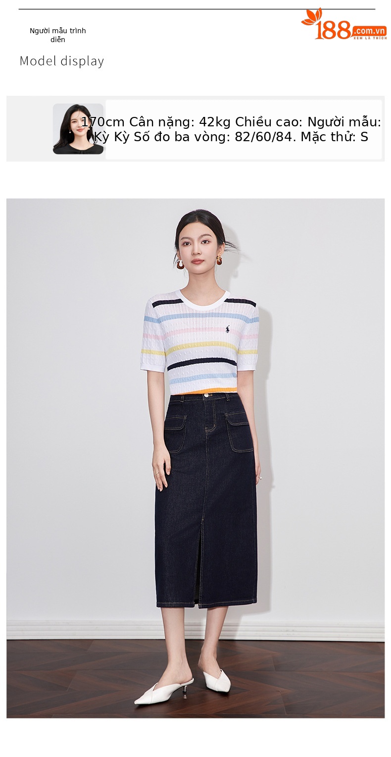 Chân váy denim cạp cao phong cách Hồng Kông cổ điển, dáng ôm xẻ tà dài giữa — Màu xanh đậm chi tiết 6