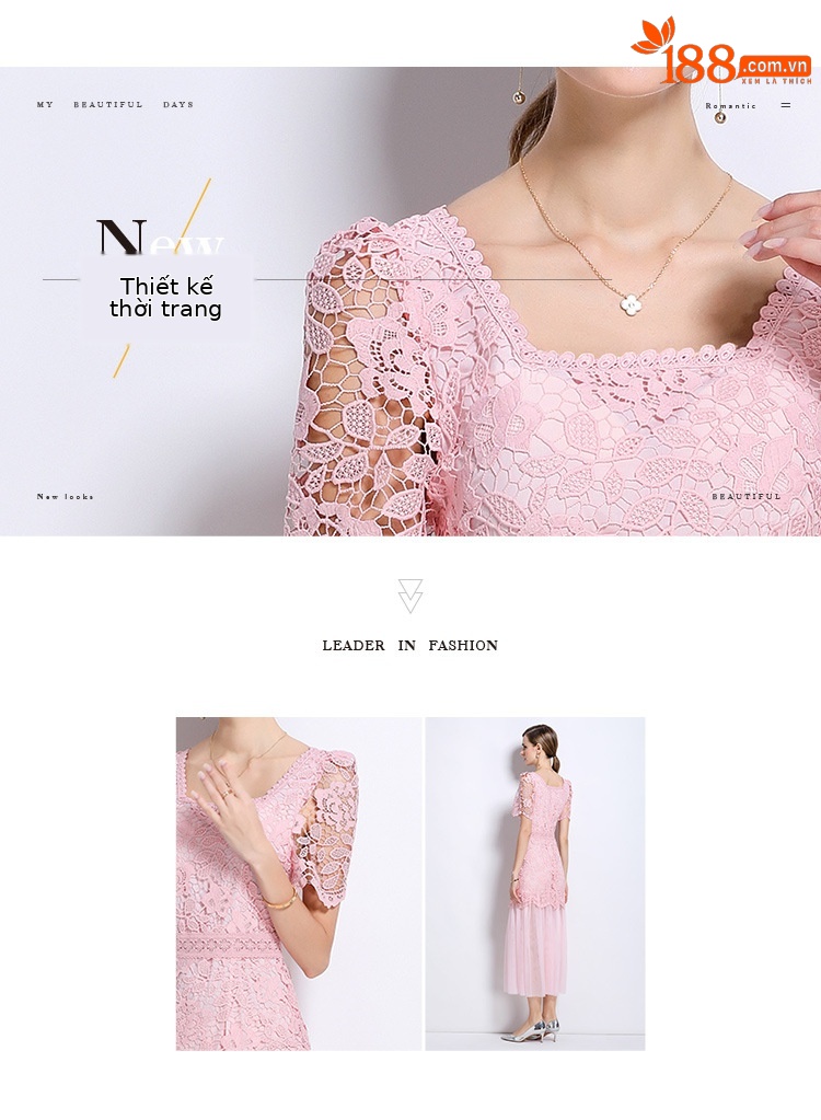 Đầm ren cổ vuông phong cách Pháp dáng dài xếp nếp lưới thanh lịch — đen, màu xanh, màu hồng, mơ chi tiết 2