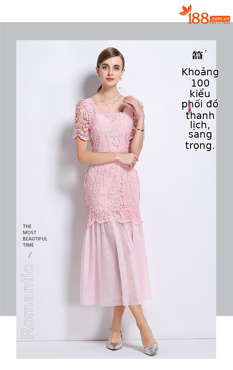 Đầm ren cổ vuông phong cách Pháp dáng dài xếp nếp lưới thanh lịch — đen, màu xanh, màu hồng, mơ chi tiết 6