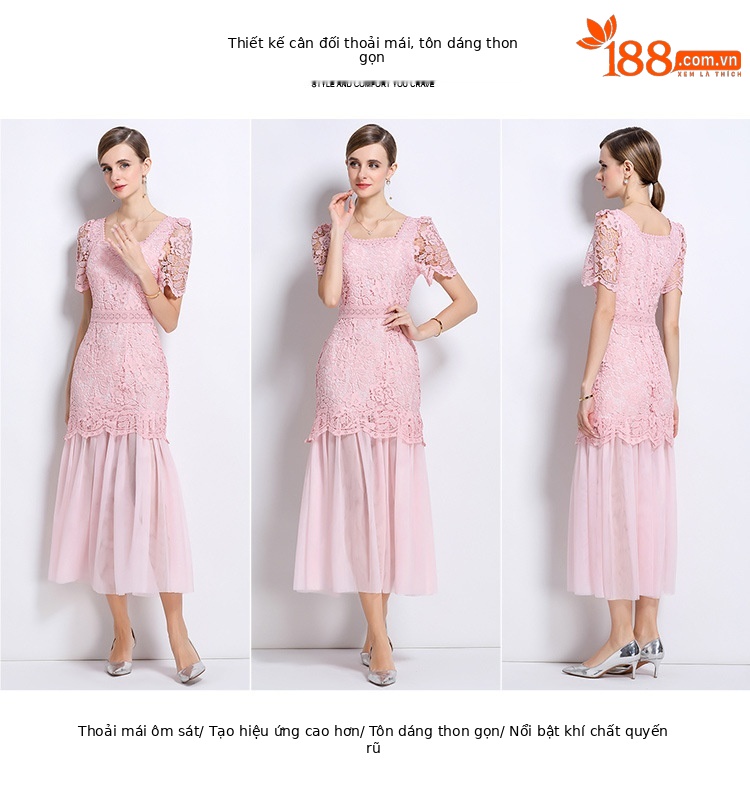 Đầm ren cổ vuông phong cách Pháp dáng dài xếp nếp lưới thanh lịch — đen, màu xanh, màu hồng, mơ chi tiết 7