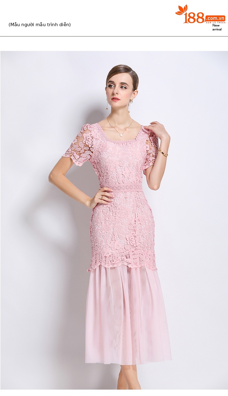 Đầm ren cổ vuông phong cách Pháp dáng dài xếp nếp lưới thanh lịch — đen, màu xanh, màu hồng, mơ chi tiết 11