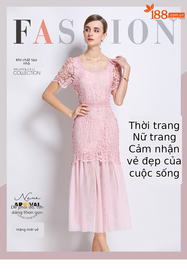 Đầm ren cổ vuông phong cách Pháp dáng dài xếp nếp lưới thanh lịch — đen, màu xanh, màu hồng, mơ chi tiết 1