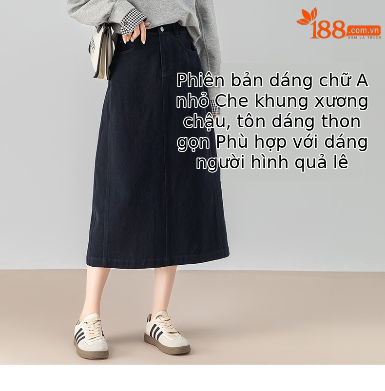 Chân váy jean nữ dáng chữ A dài vừa phải, cạp cao, thiết kế đa năng mùa xuân thu — màu xanh hải quân chi tiết 9