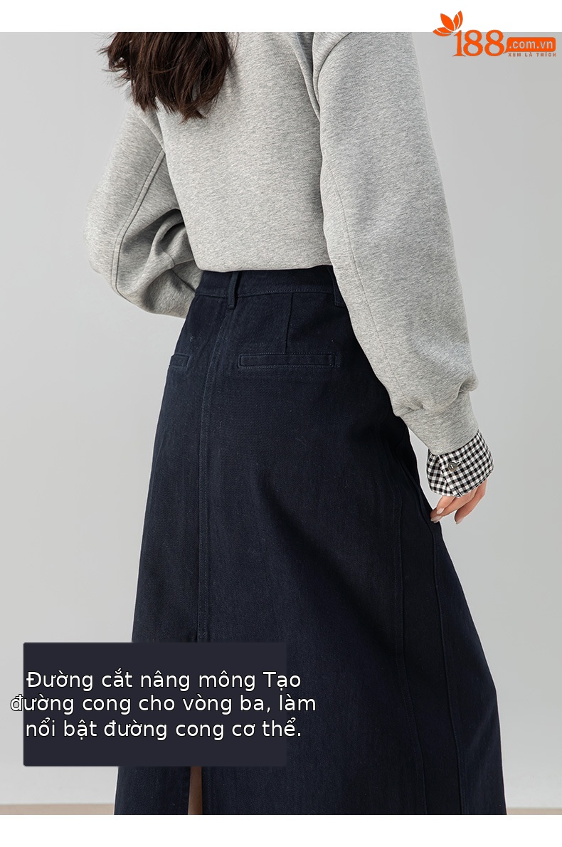 Chân váy jean nữ dáng chữ A dài vừa phải, cạp cao, thiết kế đa năng mùa xuân thu — màu xanh hải quân chi tiết 12