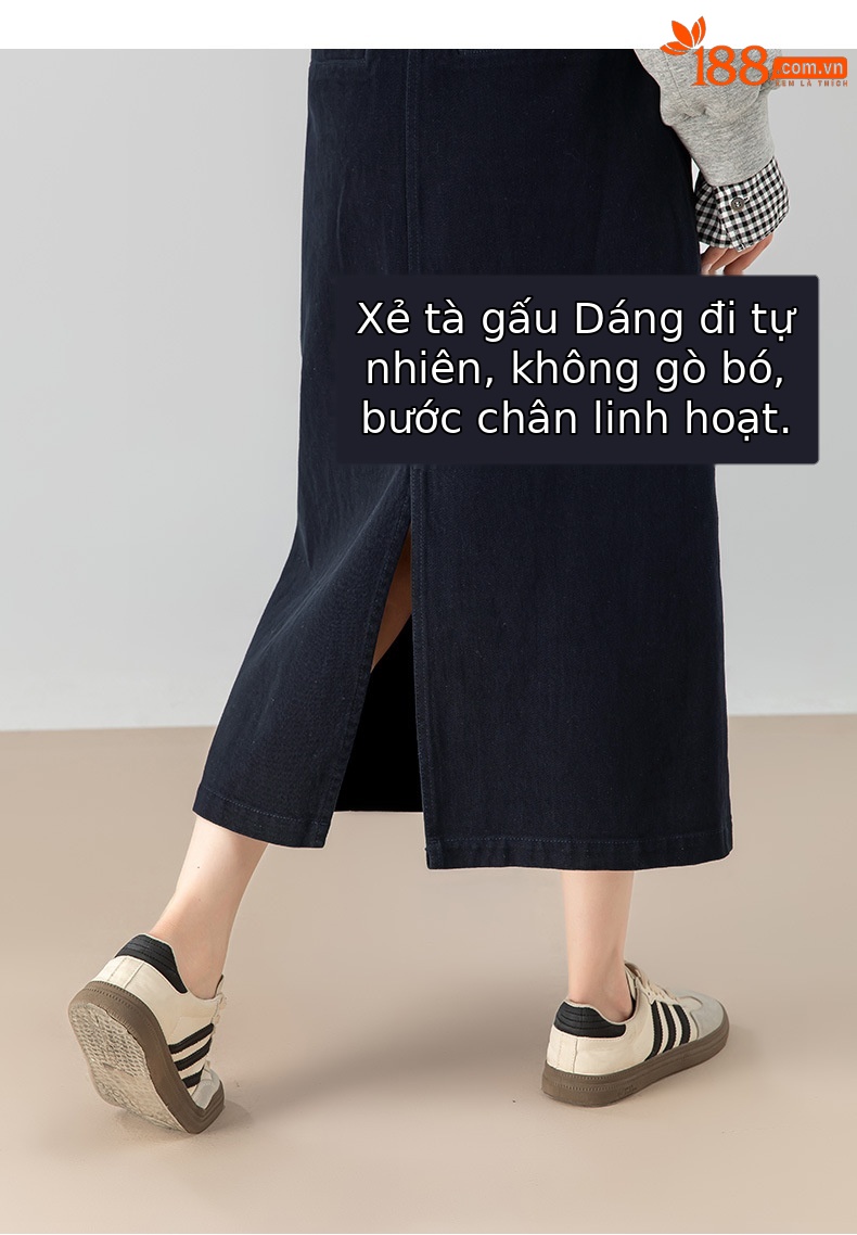 Chân váy jean nữ dáng chữ A dài vừa phải, cạp cao, thiết kế đa năng mùa xuân thu — màu xanh hải quân chi tiết 13