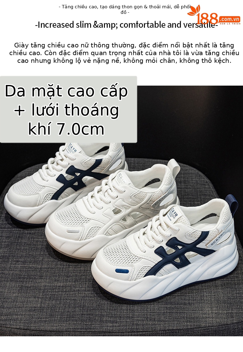Giày sneaker nữ đế dày tăng chiều cao, phong cách thể thao thời trang, thiết kế đục lỗ thoáng khí mùa hè — M2896 màu trắng, M2896 màu xanh lam chi tiết 2