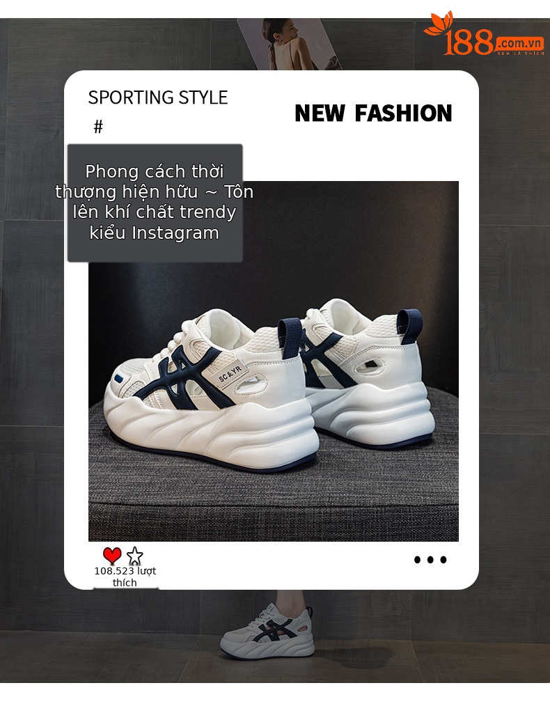 Giày sneaker nữ đế dày tăng chiều cao, phong cách thể thao thời trang, thiết kế đục lỗ thoáng khí mùa hè — M2896 màu trắng, M2896 màu xanh lam chi tiết 3