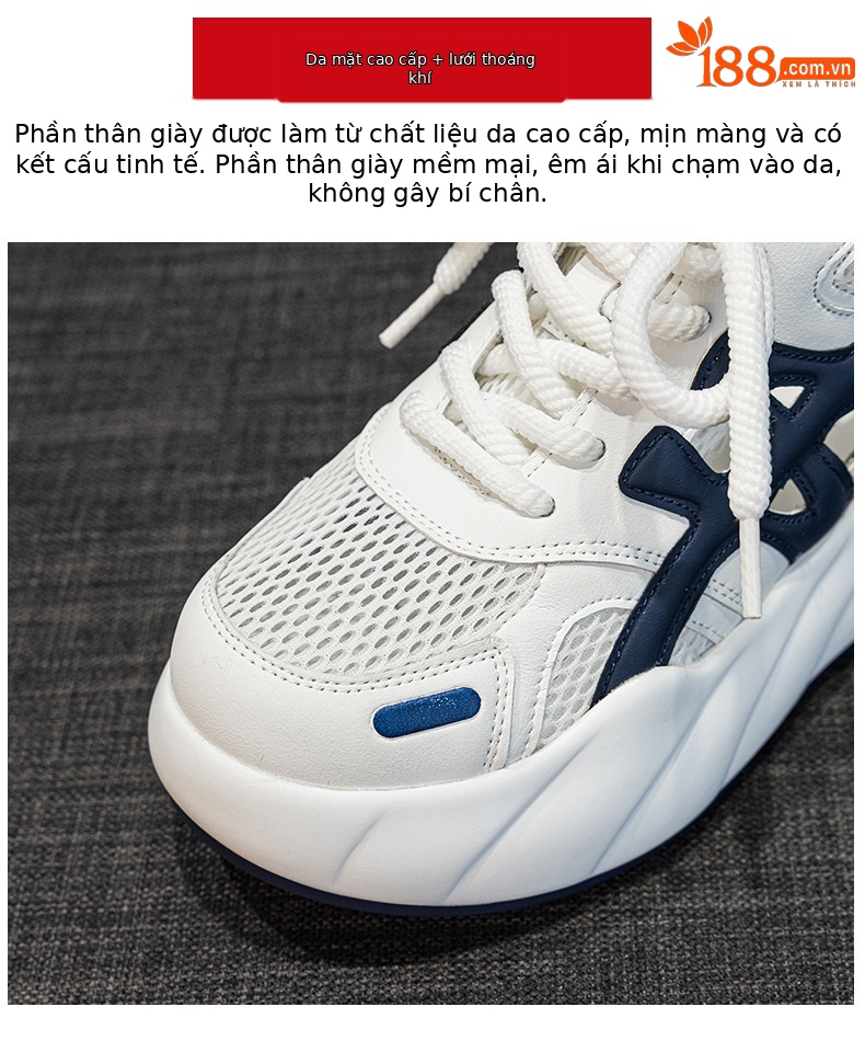 Giày sneaker nữ đế dày tăng chiều cao, phong cách thể thao thời trang, thiết kế đục lỗ thoáng khí mùa hè — M2896 màu trắng, M2896 màu xanh lam chi tiết 7