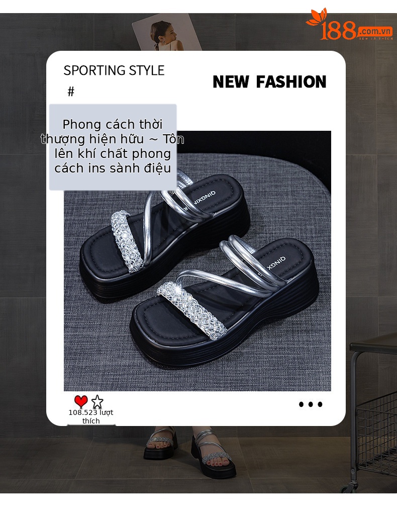 Dép sandal nữ quai chữ V đế dày tăng chiều cao, phong cách tiên nữ, đi được hai kiểu — M2902 màu đen, M2902 màu bạc, M2902 màu be chi tiết 3