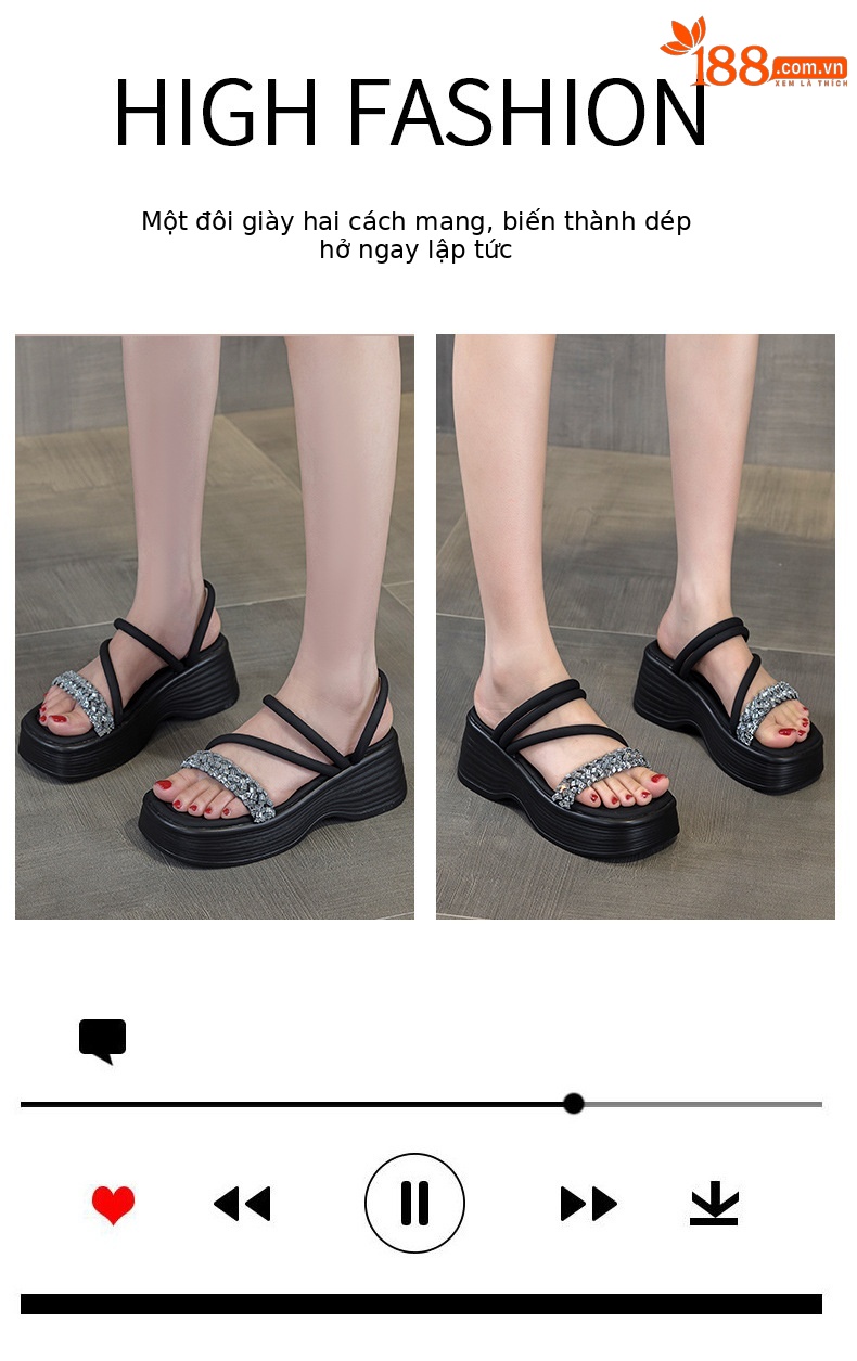 Dép sandal nữ quai chữ V đế dày tăng chiều cao, phong cách tiên nữ, đi được hai kiểu — M2902 màu đen, M2902 màu bạc, M2902 màu be chi tiết 5