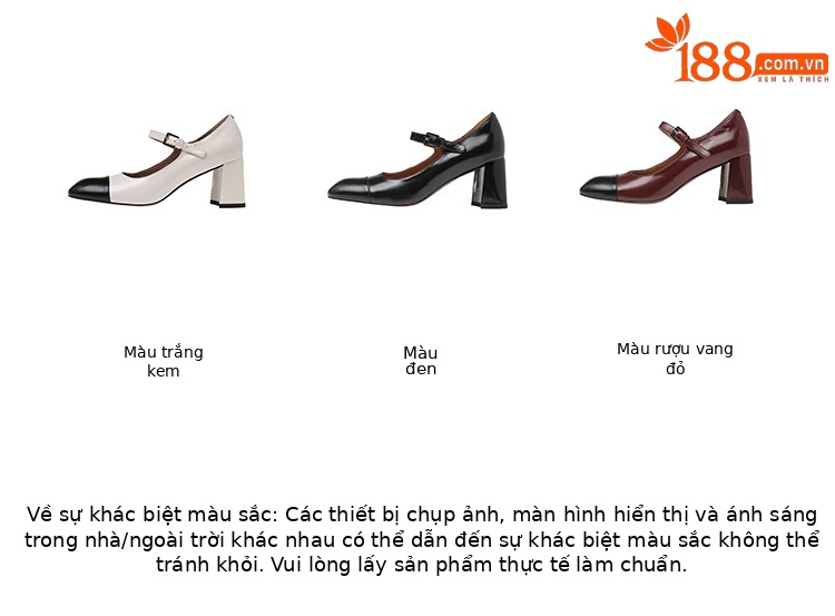 Giày Mary Jane nữ mũi vuông kiểu Pháp gót thô quai ngang phối màu phong cách Chanel — Màu đen, Màu đỏ rượu, Màu trắng be chi tiết 2