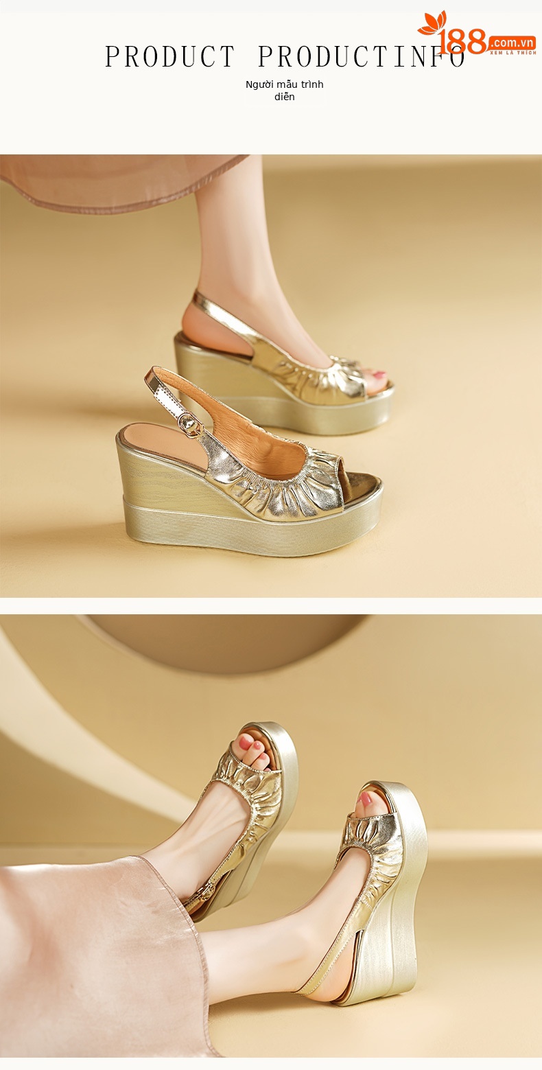 Sandal đế xuồng mũi cá vàng nữ phối váy, gót cao 9 cm, da PU kiểu La Mã — Màu vàng, Màu bạc chi tiết 2