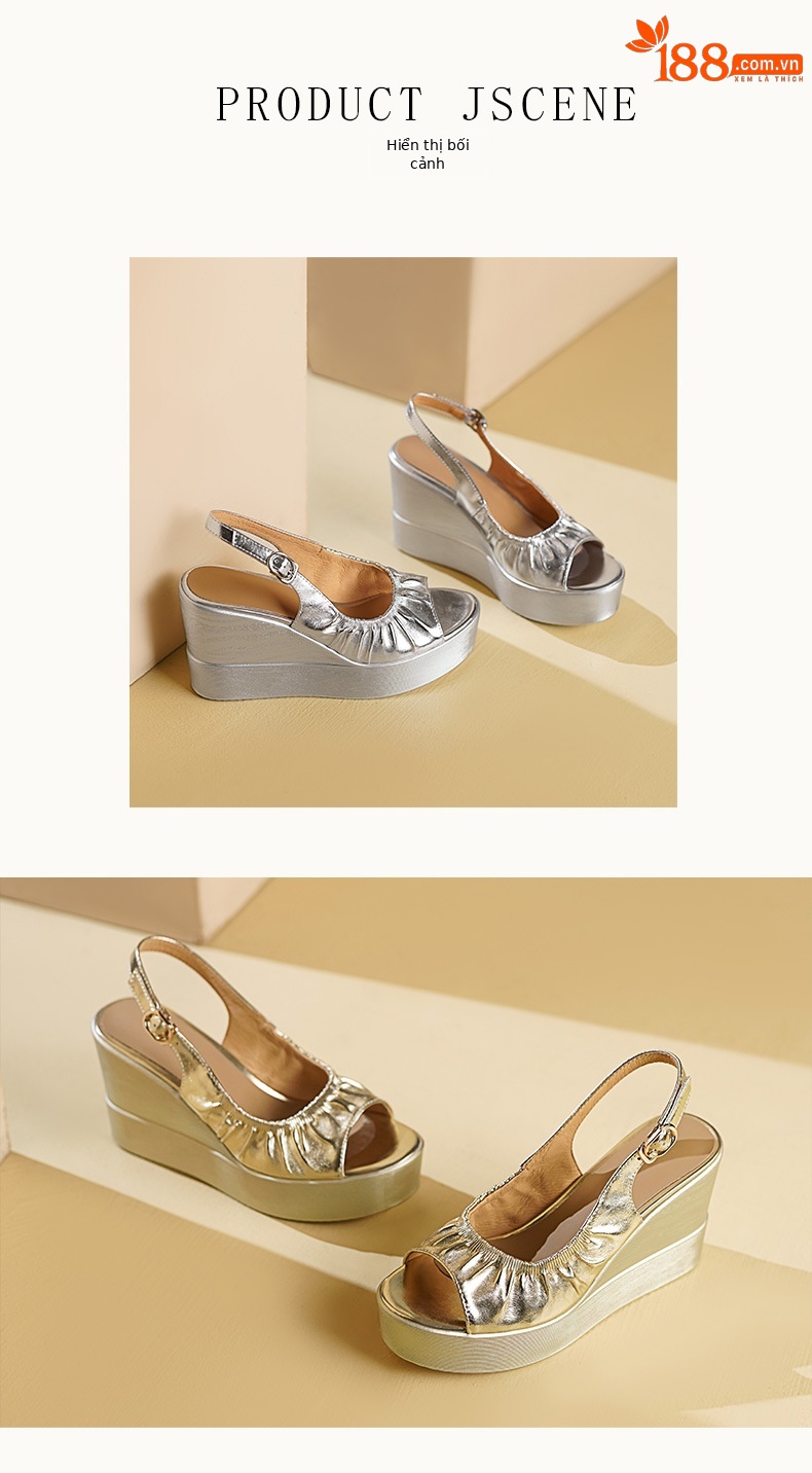 Sandal đế xuồng mũi cá vàng nữ phối váy, gót cao 9 cm, da PU kiểu La Mã — Màu vàng, Màu bạc chi tiết 5