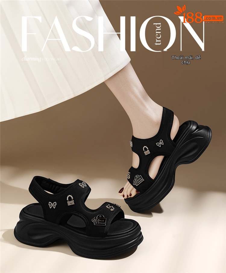 Dép sandal nữ đế dày rỗng mùa hè 2025 đế nêm tăng chiều cao quai Velcro — 7205 thẻ xanh và 5cm, 7205 đen và 5cm chi tiết 1