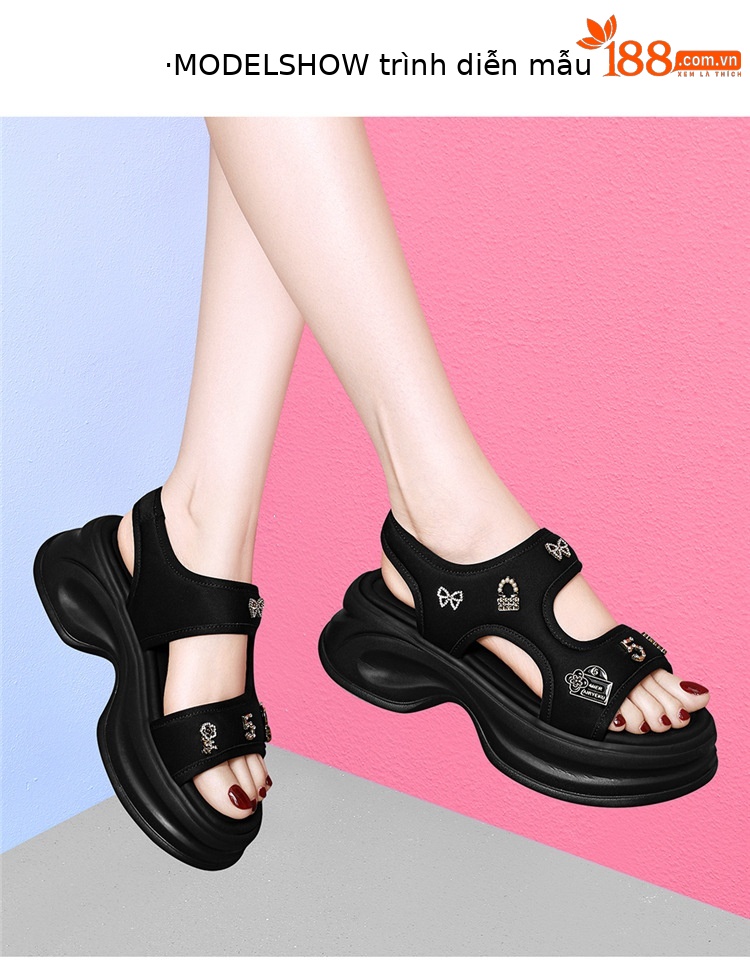 Dép sandal nữ đế dày rỗng mùa hè 2025 đế nêm tăng chiều cao quai Velcro — 7205 thẻ xanh và 5cm, 7205 đen và 5cm chi tiết 4