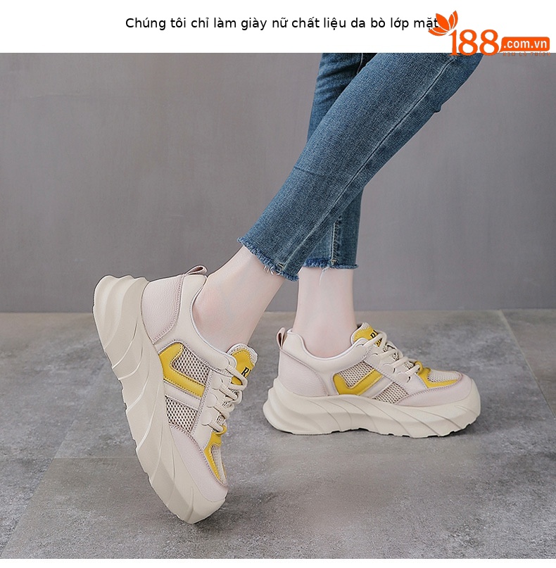 Giày sneaker nữ chunky đế dày da bò lưới thoáng khí — màu vàng chi tiết 2