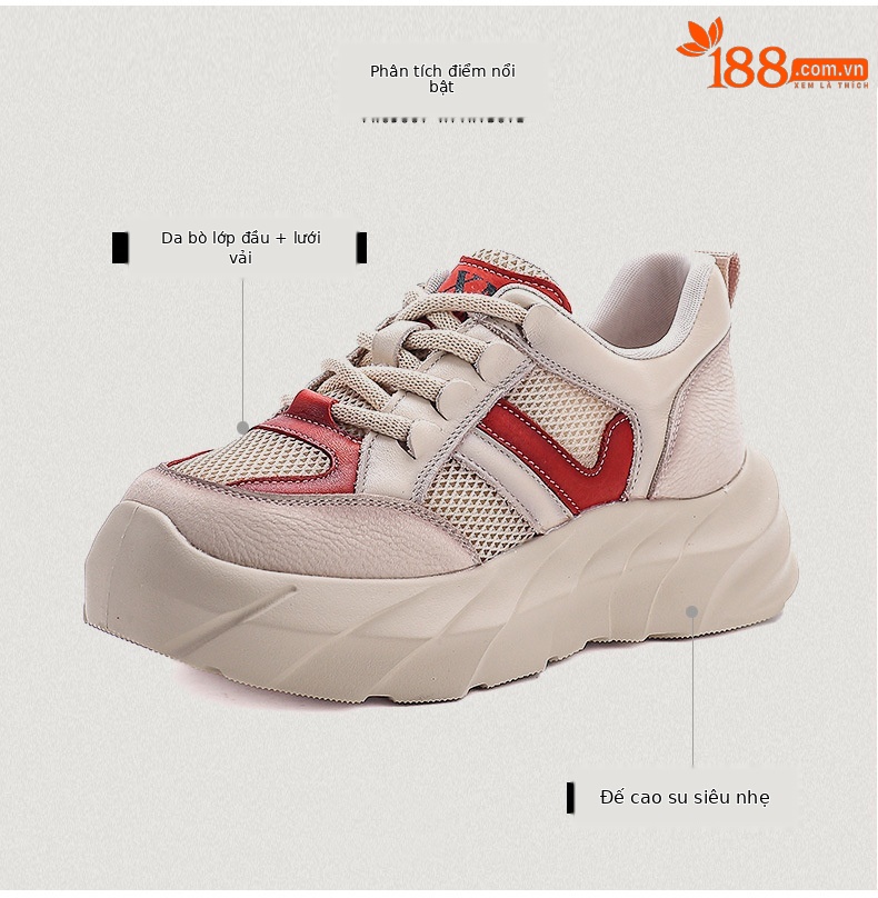 Giày sneaker nữ chunky đế dày da bò lưới thoáng khí — màu vàng chi tiết 3