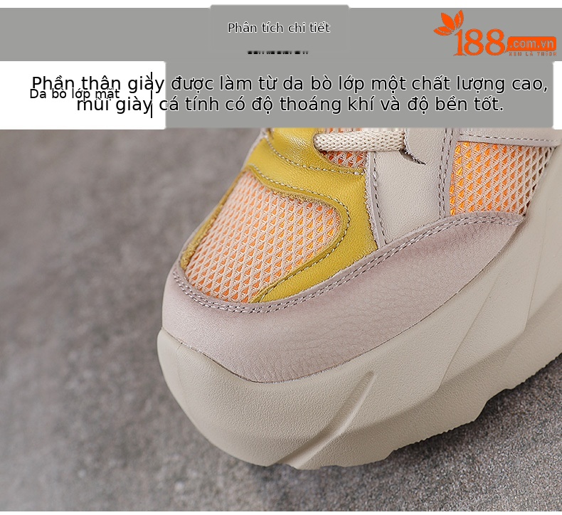 Giày sneaker nữ chunky đế dày da bò lưới thoáng khí — màu vàng chi tiết 4