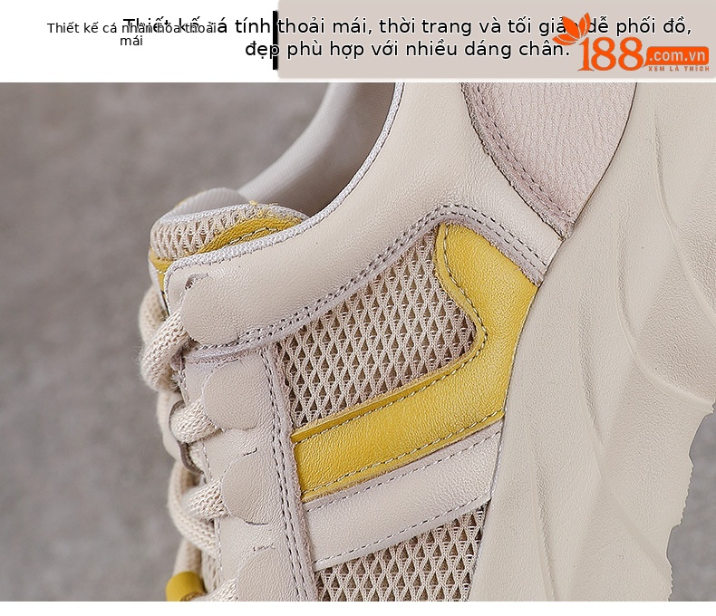 Giày sneaker nữ chunky đế dày da bò lưới thoáng khí — màu vàng chi tiết 5
