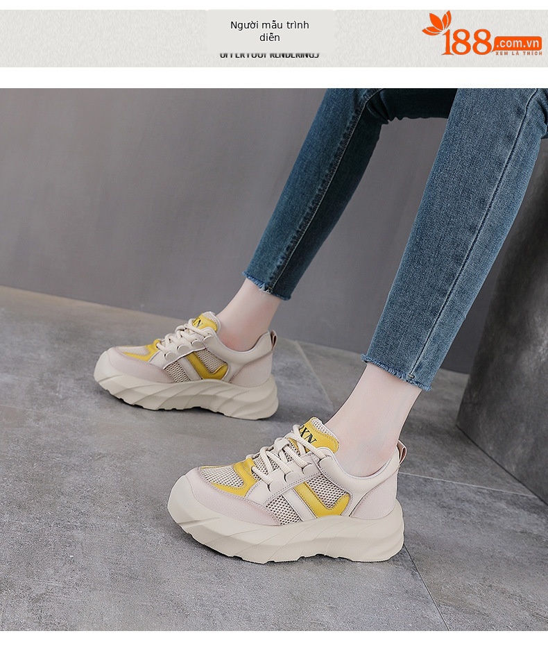 Giày sneaker nữ chunky đế dày da bò lưới thoáng khí — màu vàng chi tiết 9