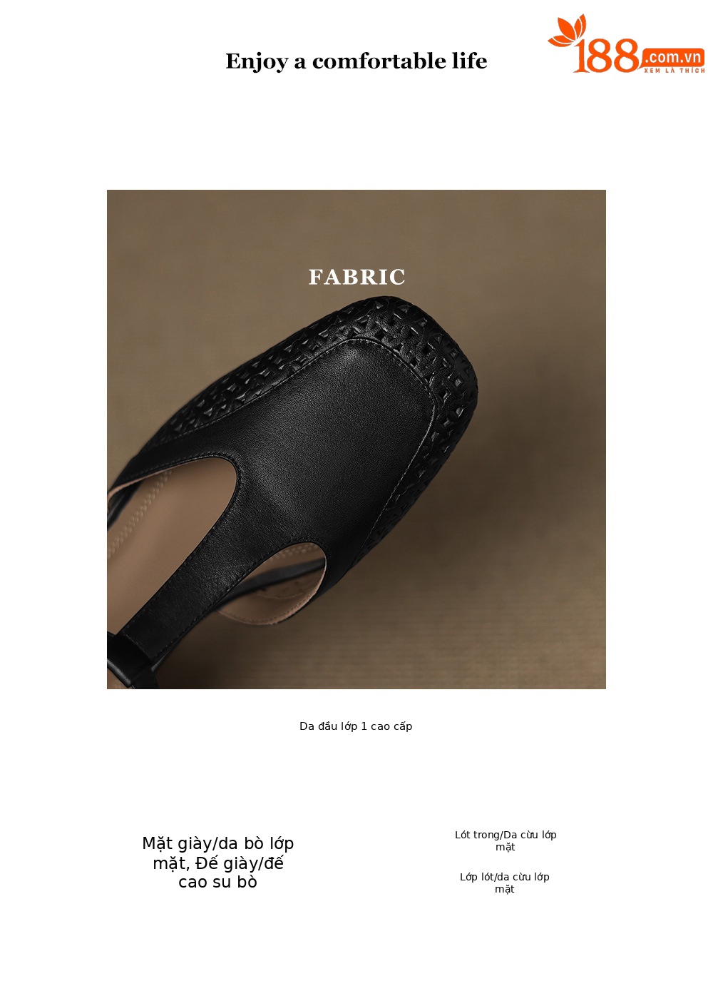 Sandal quai chữ T bít mũi da bò lớp đầu gót thô 4cm đục lỗ thoáng khí — Màu đen chi tiết 3