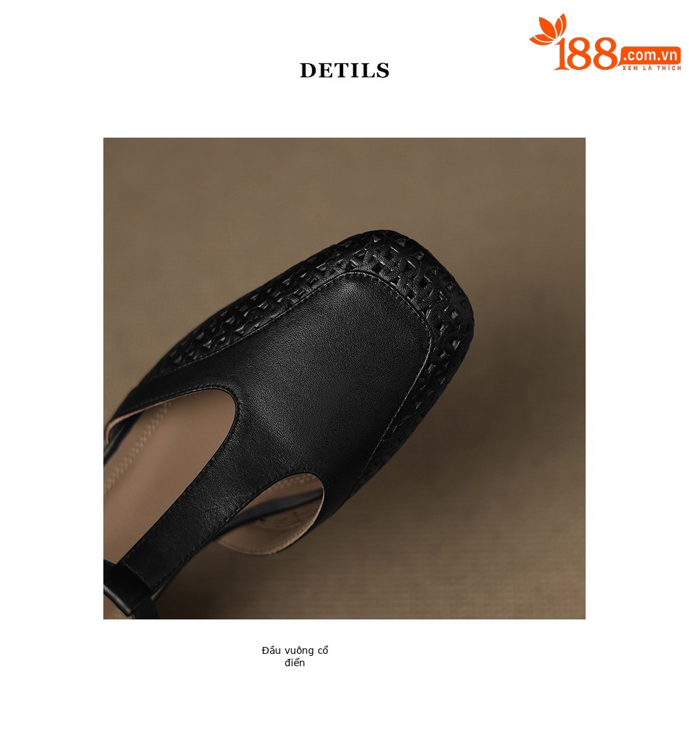 Sandal quai chữ T bít mũi da bò lớp đầu gót thô 4cm đục lỗ thoáng khí — Màu đen chi tiết 25