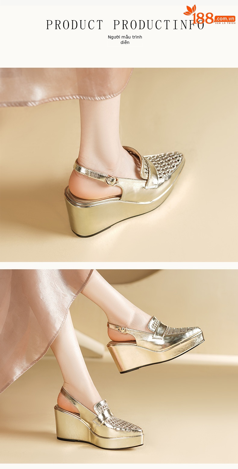 Sandal cao gót nữ quai ngang mũi nhọn đế xuồng 9cm dệt lỗ thoáng khí — vàng, bạc chi tiết 2