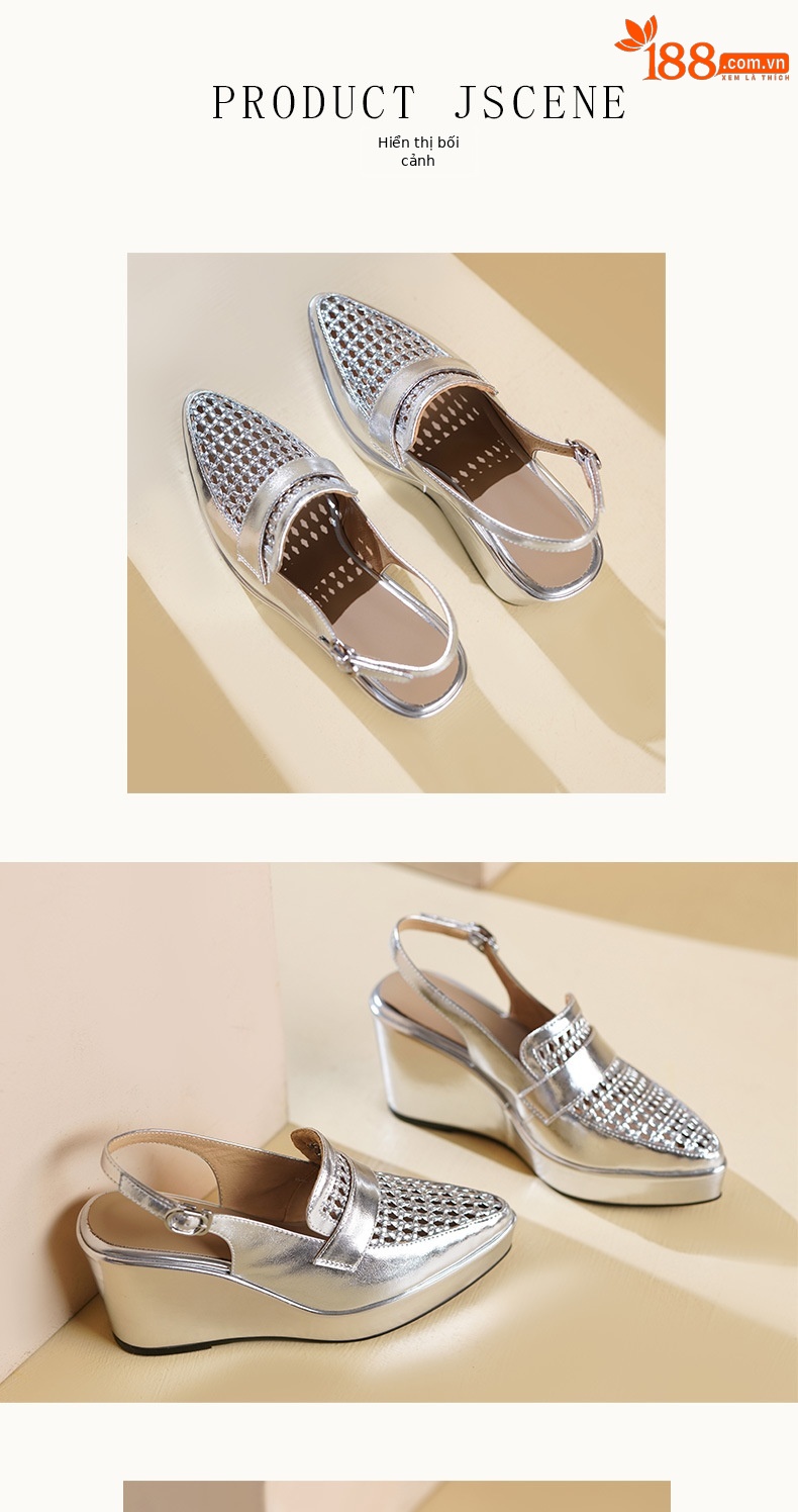 Sandal cao gót nữ quai ngang mũi nhọn đế xuồng 9cm dệt lỗ thoáng khí — vàng, bạc chi tiết 5