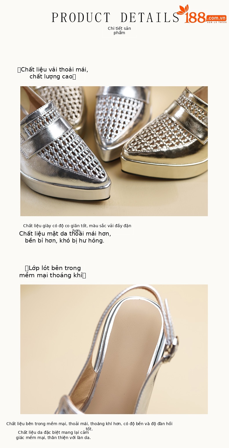 Sandal cao gót nữ quai ngang mũi nhọn đế xuồng 9cm dệt lỗ thoáng khí — vàng, bạc chi tiết 7