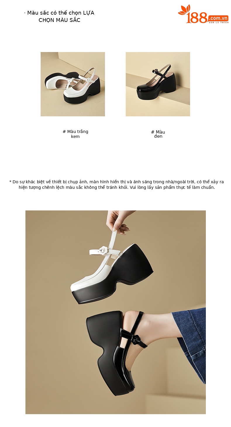 Sandal Mary Jane đế xuồng da thật bít mũi gót cao 9 cm cho nữ — Màu đen, Màu trắng be chi tiết 2